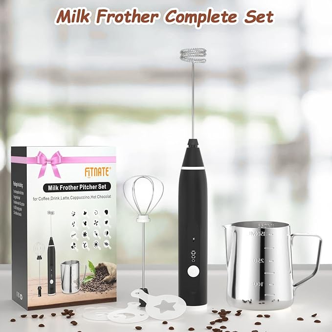 FITNATE Rechargeable Electric Foam Maker Drink Mixer 3 Speeds with 2 Stainless Steel Whisks, Frother for Coffee, Hot Chocolate, Latte, Cappuccino, Includes Frother Cup