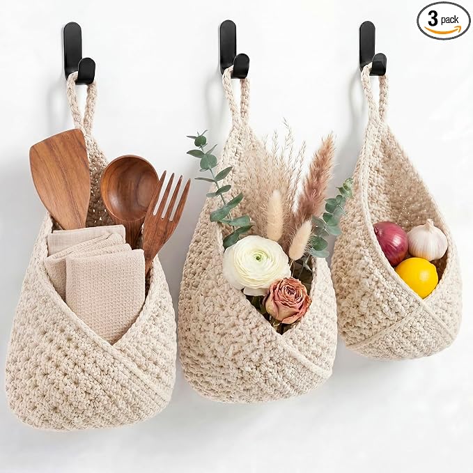 Honeydak Boho Decor Hanging Wall Baskets for Kitchen 3 Pack Teardrop Baskets with Hooks Storage Fruit Onion Vegetable Potato for Home 3 Sizes (White,Triangle,Cotton Rope) by Honeydak