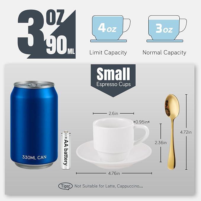 Lareina Porcelain Stackable Espresso Cups with Saucers, Spoons and Metal Stand, 3 Ounce Small Coffee Cups Set of 6 - Ceramic Demitasse Mugs, White - Image 3