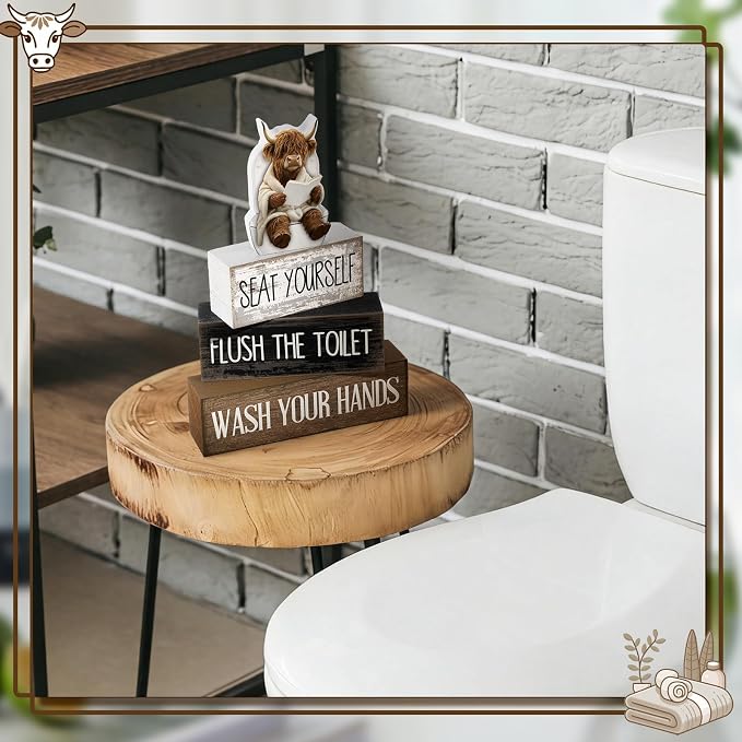 Moucuny 4 Pcs Highland Cow Bathroom Decor Set Funny Rustic Wooden Tiered Tray Signs with Highland Cow Toilet Figurine, Farmhouse Bathroom Shelf Decor, Etiquette Reminders for Restroom Toilet Vanity - Image 6