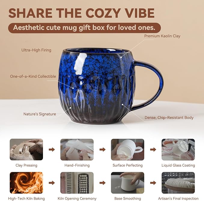 Ocean Surge Ceramic Coffee Mug - 21 oz Unique Reactive Glaze Coffee Cup with Large Handle, Aesthetic Cute Mug for Men Women Office Gift Set - Image 4