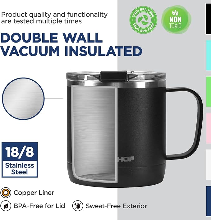 HAUSHOF 14 oz Coffee Mug, Insulated Coffee Mug with Handle, Travel Camping Cup, Portable Stainless Steel Coffee Cup, Insulated Coffee Cups with Lid, Black - Image 3