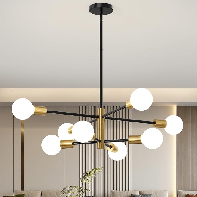 Sputnik Chandeliers Moderna Light Fixture, 8 Lights Black and Gold Mid Century Ceiling Chandelier, Height Adjustable for Living Room, Kitchen, Dining Room, Bedroom,Foyer by Unknown