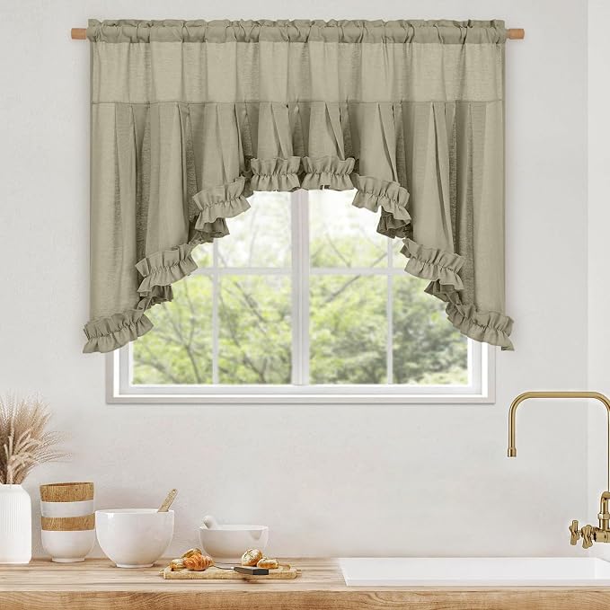 Likiyol Linen Valances for Windows Farmhouse Ruffle Swag Valance Rustic Country Window Valances Light Filtering Kitchen Curtains Rod Pocket Valance Curtains for Bathroom Cafe, Grey Brown, 60"W x 36"L - Image 3
