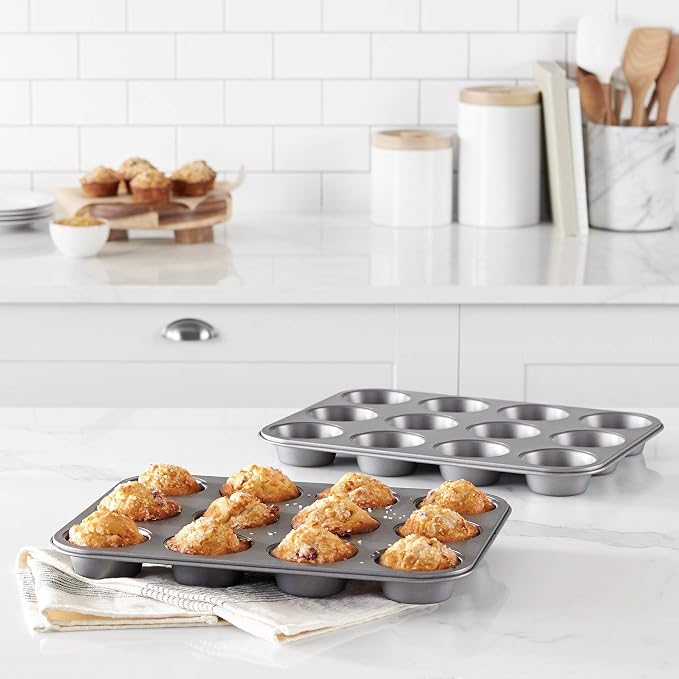 Amazon Basics Nonstick Muffin Pan, Set of 2, Sturdy, Oven Safe, Bakes Evenly, Easy to Clean, 12 Cups, Gray, 13.9x10.55x1.22" - Image 2