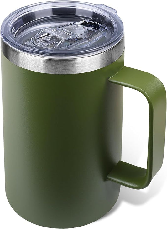 22oz Insulated Coffee Mug with Handle & Leak-Proof Lid - Double Wall Stainless Steel Travel Tumbler for Commute/Office/Home, Army Green, 1 Pack by Unknown