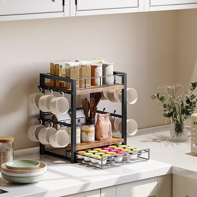 HOOBRO Coffee Mug Cup Holder, Tree Bar Station Organizer for Countertop, 12 Hooks Mug Stand Rack with Sliding Drawer for 30 K-Cup Pods, 2 Tier Mug Display Stand, Rustic Brown and Black BF11TL01 - Image 5