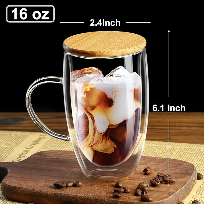 PARACITY Double Wall Glass Coffee Mugs 16OZ with Bamboo Lid/Spoon, Glass Coffee Cups Set of 2 with Handle, Insulated Clear Coffee Mug, Perfect for Latte, Cappuccino, Espresso, Hot Beverage, Tea | Each clear cup has a handle, bamboo lid and wooden spoon... - Image 2