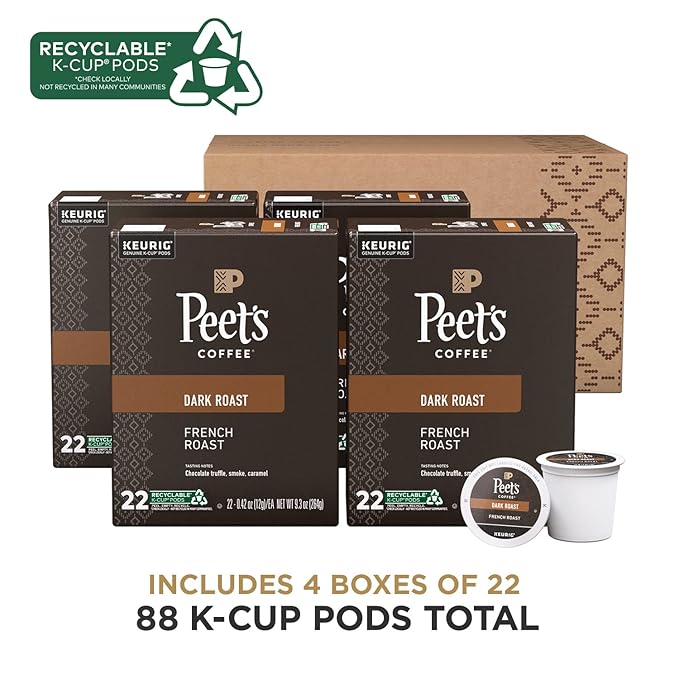 Peet's Coffee, Dark Roast Keurig K-Cup Pods - French Roast 88 Count (4 Boxes of 22 Pods)