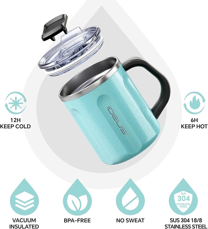 Ideus 16 oz Insulated Coffee Mug with Handle and Lid, Double Wall Stainless Steel Vacuum Thermal Coffee Mug, Travel Coffee Cup Thermal Cup for Home and Office, Sky Blue-FUJI FLOW - Image 2