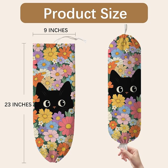 Floral Cat Plastic Bag Holder Dispenser, Plastic Grocery Bag Organizer & Wall Mount Paper Trash Bags Saver Storage for Kitchen Home Pantry Decor, Cat Kitchen Decor Shopping Bags Storage Dispenser - Image 2