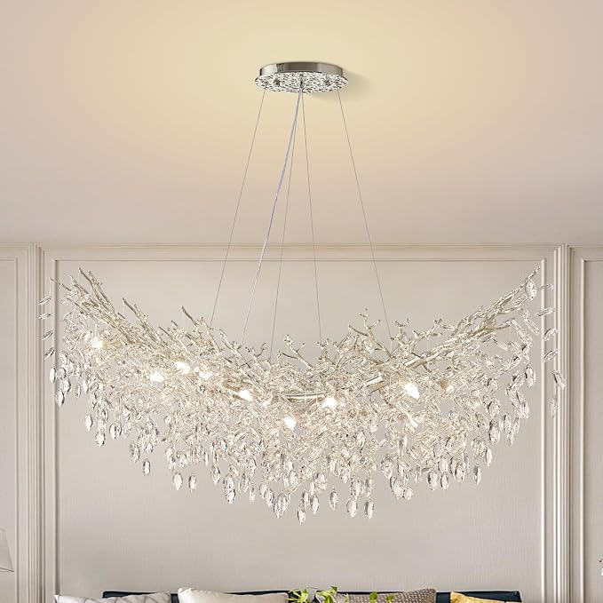 55" Crystal Tree Branch Chandelier Chrome Rectangular Chandelier | 16 Lights Luxury Raindrop Chandeliers Modern Hanging Pendant Light Fixtures for Dining Room Kitchen Island Living Room - Image 6