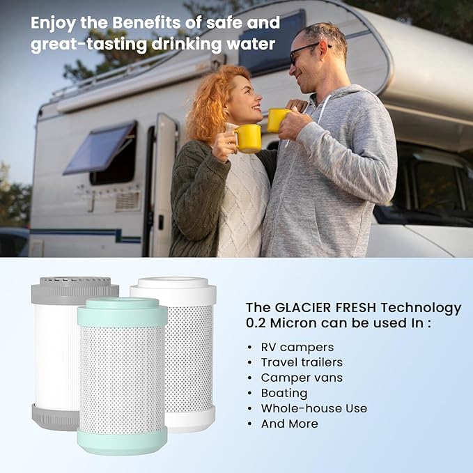 GLACIER FRESH Replacement cartridges for RV Water Filter System, 0.2 Micron High Flow Filter, Sediment “Longevity” by GLACIER FRESH, and Granular Activated Carbon “Tasty”.…