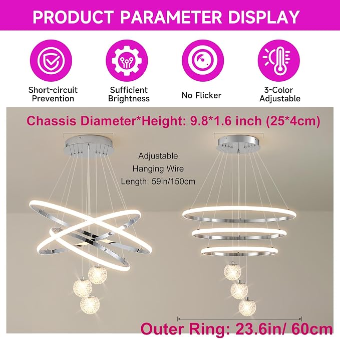 ORANOOR LED Modern 3 Ring Chandeliers, 24inch Dimmable Kitchen Pendant Lamp | Silver Dining Room Light Fixtures Ceiling Hanging Over Table, Globe Round Chandeliers for Living Room Dining Room, Chrome - Image 5