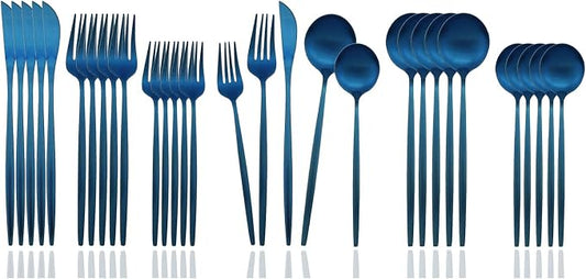 JASHII Flatware Silverware Set Stainless Steel Satin Finish Cutlery Set Service for 6, 30-Piece Spoons And Forks Kitchen Utensil Set, Dishwasher Safe (Matte Blue) by JASHII