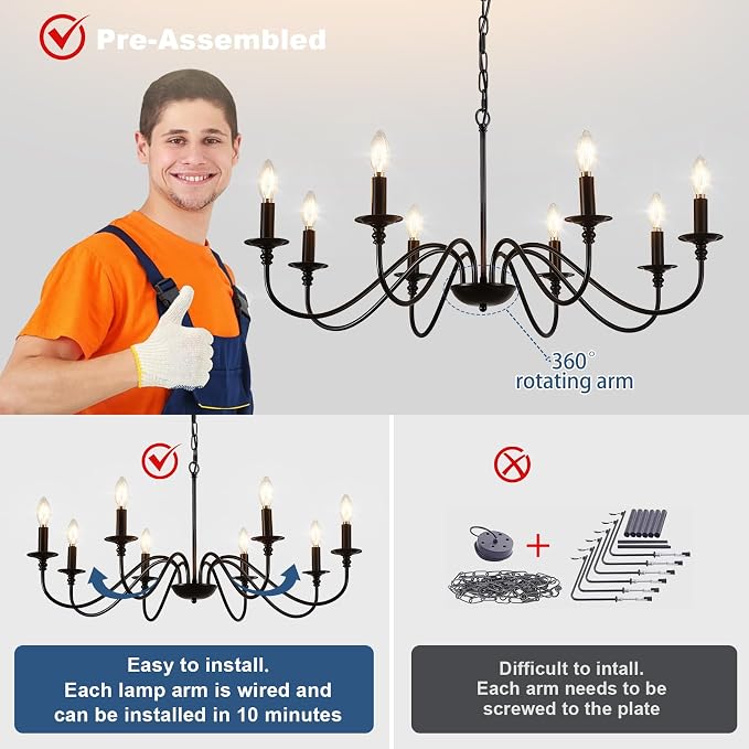 Depuley Black Chandelier Light Fixture: Vintage 8-Light Candle Chandeliers for Dining Room Lighting - Modern Hanging Pendant Lights Kitchen Island - Farmhouse Chandelier Chandeliers for Bedroom - Image 4