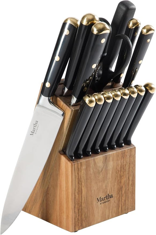 Martha Stewart 16-Piece Lockton High Carbon Stainless Steel Knife Block Set - Forged Full Tang Chef Knives, Acacia Wood Block, Triple Riveted Handles, Black & Gold by MarthaStewart