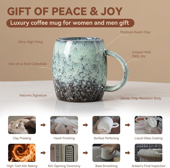 Sage & Moss Nebula Ceramic Coffee Mug - 14 oz Unique Reactive Glaze Coffee Cup with Large Handle, Barrel Cute Mug for Women Men Home Office Gift - Image 4