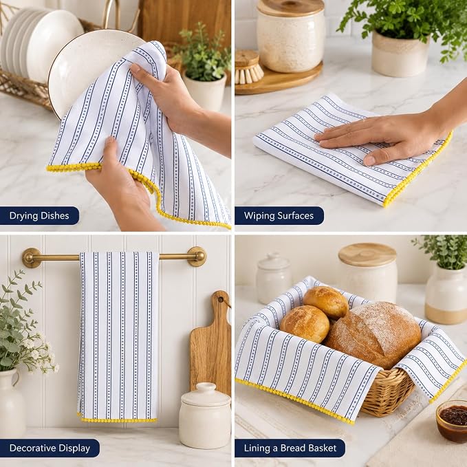 Printed Kitchen Dish Bar and Tea Towels Cotton, 18x28 inch with Trims, Cotton Dish Towel Sets (Blue Stripes, Set of 6) - Image 4