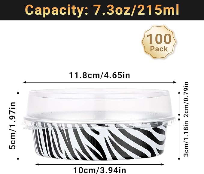 Beasea Disposable Cupcake Pans with Lids, 100 Pack 7.3oz Aluminum Baking Foil Tart Pie Tins, Small Round Tart Containers for Individual Dessert Muffin Cheesecake Quiche Oven Dishes - Zebra Stripes - Image 2