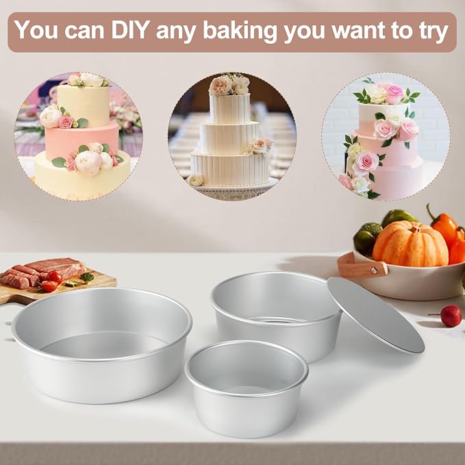 Round Cake Pan with Removable Bottom, Set of 3 (6 x 3 inch/8 x 3 inch/10 x 3 inch), Aluminum Baking Pans for Layer Cakes, Evenly Heating Tools for Home Kitchen, Tapered Side - Image 5