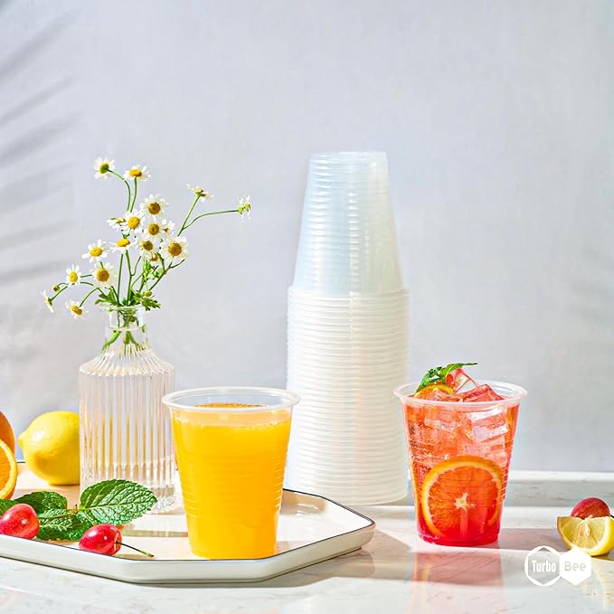 Turbo Bee 12oz Plastic Cups 300 Pack，Disposable Clear Drinking Cups for Home, School, Office & Events，Transparent Tumblers for Drinks, Samples & Commercial Use
