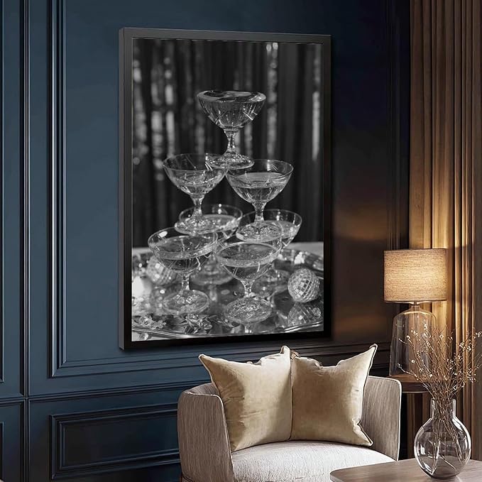 UXCBIA Stacked Champagne Glasses With Mirror Balls, Black And White, Wine Glasses Poster Canvas Poster Bedroom Decor Sports Landscape Office Room Decor Gift Black Frame 24x36in(60x90cm) - Image 3