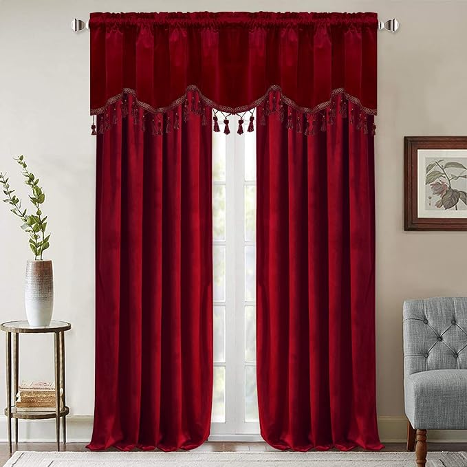 Red Tassel Christmas Velvet Valances Curtains 52x18 Inch 2 Panels | Christmas Home Decoration, Rod Pocket Kitchen Tassel Tier Curtains Room Darkening Window Drapes for Bedroom, Bay Window - Image 7