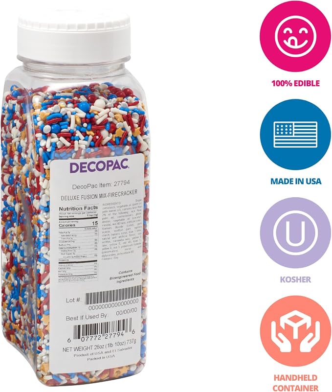 DECOPAC Firecracker Deluxe Fusion Mix, 26oz, Fancy Patriotic Candy Sprinkles in Handheld Container, Edible Sprinkles For Celebration Cakes, Cupcakes, Cookies and Donuts, Red, White, and Blue - Image 2