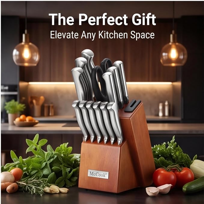 McCook Kitchen Knife Set 15PC Knife Block Set w Built-in Sharpener | German Forged Stainless Steel,Razor Sharp,15 PC, Anti-Rust,Restaurant Grade,Ergonomic Handles,Full Tang,Gift Box - Image 8