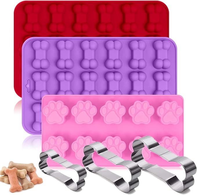 Set of 6，3 Packs Silicone Molds Puppy Dog Paw & Bone Shaped and 3 Packs Stainless Steel Dog Bone Cookie Cutters,for Homemade Treats、Paw、Ice、Candy and Chocolate Baking Mold