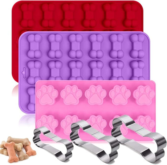 Set of 6，3 Packs Silicone Molds Puppy Dog Paw & Bone Shaped and 3 Packs Stainless Steel Dog Bone Cookie Cutters,for Homemade Treats、Paw、Ice、Candy and Chocolate Baking Mold
