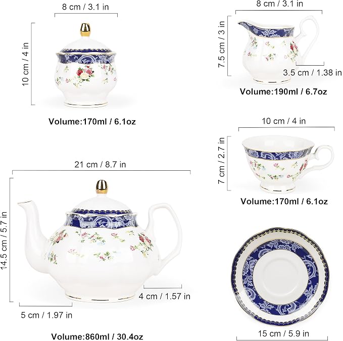 fanquare Bone China Tea Sets for Adults, 21-Piece Blue Lace and Roses Porcelain Tea Service with Sugar Bowl & Creamer, English Cremic Floral Teacups Set of 6 for Women Tea Party | Porcelain Tea Service with Sugar Bowl and Creamer, English Floral Cerami... - Image 6