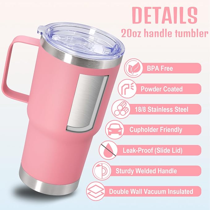 20 oz Tumbler with Handle and Lid Insulated Travel Coffee Mug Pink 1P | Stainless Steel Tumbler, coffee tumbler with handle,Spill Proof Double Wall Vacuum Tumbler Cup Keep Drink Hot & Cold - Image 3