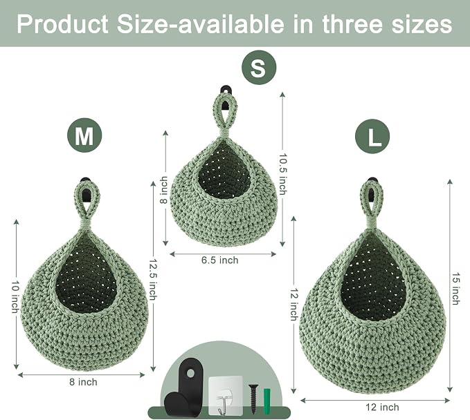 Honeydak Boho Decor Hanging Wall Baskets for Kitchen 3 Pack Teardrop Baskets with Hooks Storage Fruit Onion Vegetable Potato for Home - Image 2