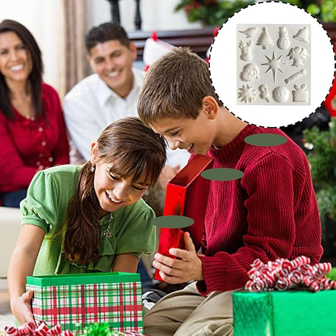 1 Pcs Christmas Chocolate Molds Silicone with Santa Claus Christmas Tree Bell Snowflake Elk Xmas Gift Design Silicone Molds for Baking Soap Candles Candy Ice Cube Jelly Handmade Chocolate Molds