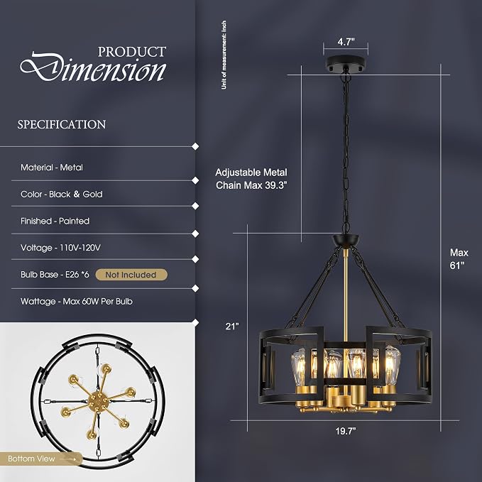 Modern 19.7" Black Gold Chandelier for Dining Room Industrial Vintage Semi Flush Mount 6-Light Round Pendant Ceiling Light Fixture for Kitchen Bedroom Living Room Hallway Entryway Foyer - Image 2