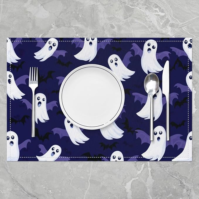 Feelyou Happy Halloween Placemats Set of 4 Cute Ghost Table Mats for Party Kitchen Dining Decoration Deep Purple White Place Mat for Table Holiday Decor Indoor Outdoor 18"x12" Non-Slip Easy to Clean - Image 2