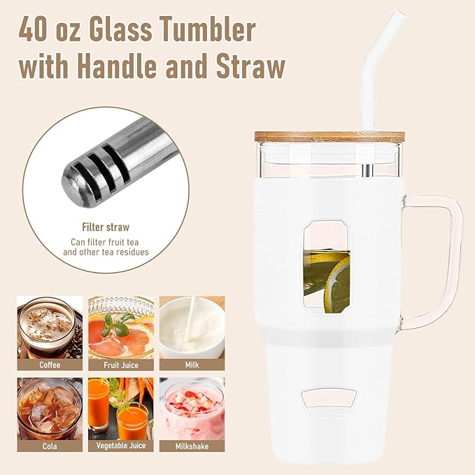 Glass Cups with Handle and Bamboo Lids - 40oz Tumbler with Stainless Steel Straw | Glass Water Bottle with Silicone Sleeve for Coffee, Smoothi, Hot/Cold Drinks for Travel, Office, Home (White)