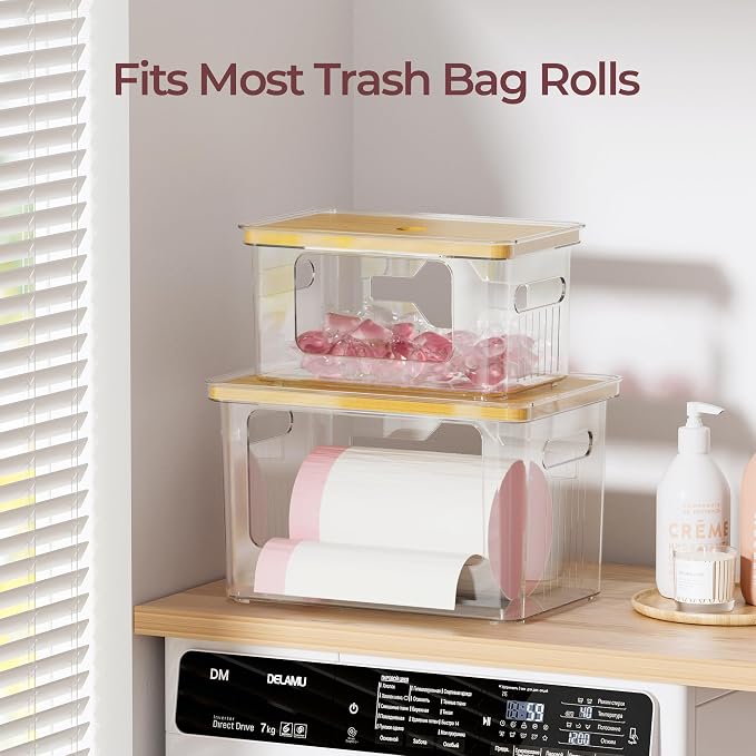 Delamu 2 Pack (XL+S) Trash Bag Dispenser, Stackable Garbage Bag Holder | Clear Acrylic Organizer Bins for Under Sink Organization, Pantry Storage, Cabinet, Kitchen, Laundry, Bathroom - Image 6