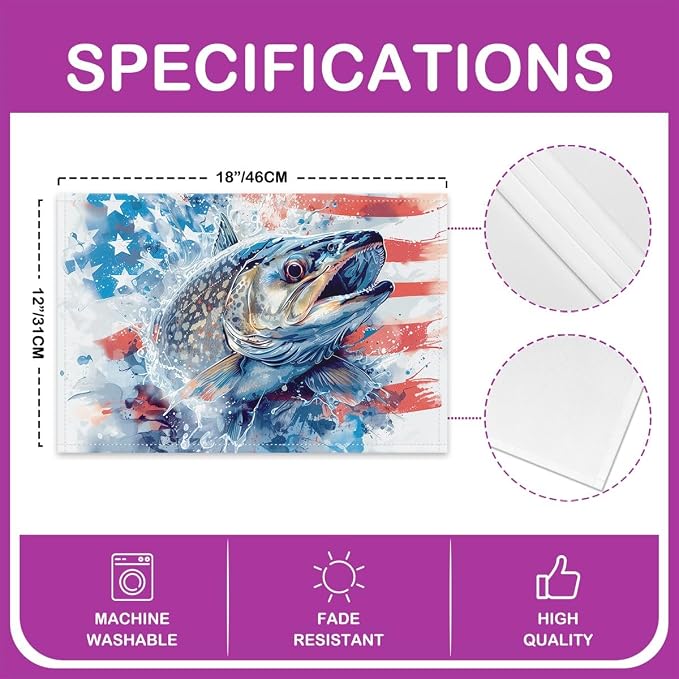 Feelyou Ocean Fish Placemats Set of 4 12"x18" American Flag Placemats for Dining Table Indoor Outdoor Kitchen Nautical Fishing and Hunting Table Mats Placemat Decor Table Place Mats - Image 4