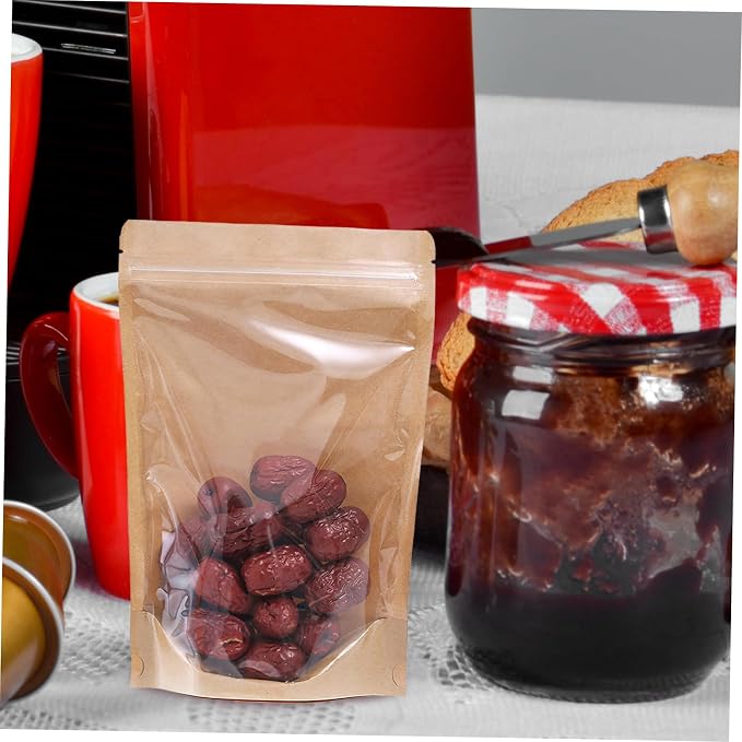 Zerodeko 50PCS Semi- Kraft Paper Resealable Bags Stand-Up Food Storage Pouches Airtight Sealable Snack Bags for Dried Fruits Party Treats and Candy Wrapping - Image 5