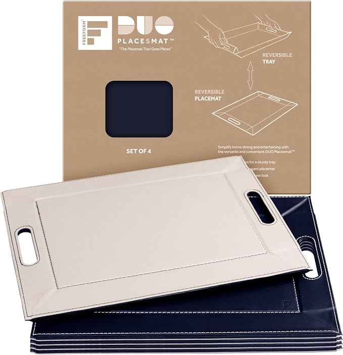 FREEFORM PLACEsMAT 2-in-1 Faux Leather Placemat & Serving Tray | Reversible Design, Lays Flat & Easy to Clean | Ottoman Food Tray, Perfect Housewarming Gift, 18” x 14” (Navy Blue & Ivory, Set of 4) by FREEFORM