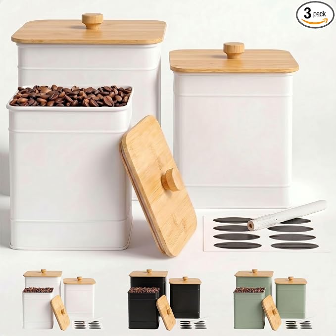 Kitchen Canisters for Countertop Set of 3 w/ Chalkboard Labels & Marker Pen | Airtight Easy Open Bamboo Lids, Dent-Resistant Thick Metal, Customizable Chalkboard Labels, Marker Pen Included, Set of 3 by HBDesignCo
