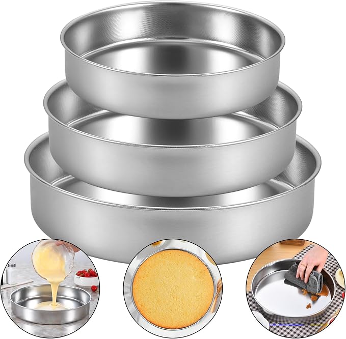 Inqibee 8-9.5-11 Inch Round Cake Pan Set, Stainless Steel Textured Bottom | Tri-ply Stainless Steel, Rolled Rim Layer Cake Bakeware, Oven & Dishwasher Safe, Healthy Non-Toxic for Birthday Wedding Cake by INQIBEE