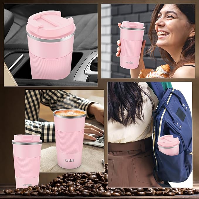 KETIEE 12oz Travel Mug, Insulated Coffee Cup with Leakproof Lid, Travel Coffee Mug Vacuum Stainless Steel Double Walled Reusable Car Tumbler for Hot and Cold Water Tea（Pink） - Image 6