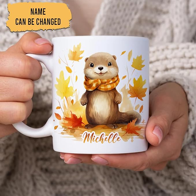 Hyturtle Personalized Fall Otter Maple Leaves Coffee Mug, Fall Autumn Décor | Birthday Gifts For Otter Lovers - Gifts For Farmhouse Thanksgiving - Custom Name 11oz White Ceramic Coffee Tea Mug - Image 2