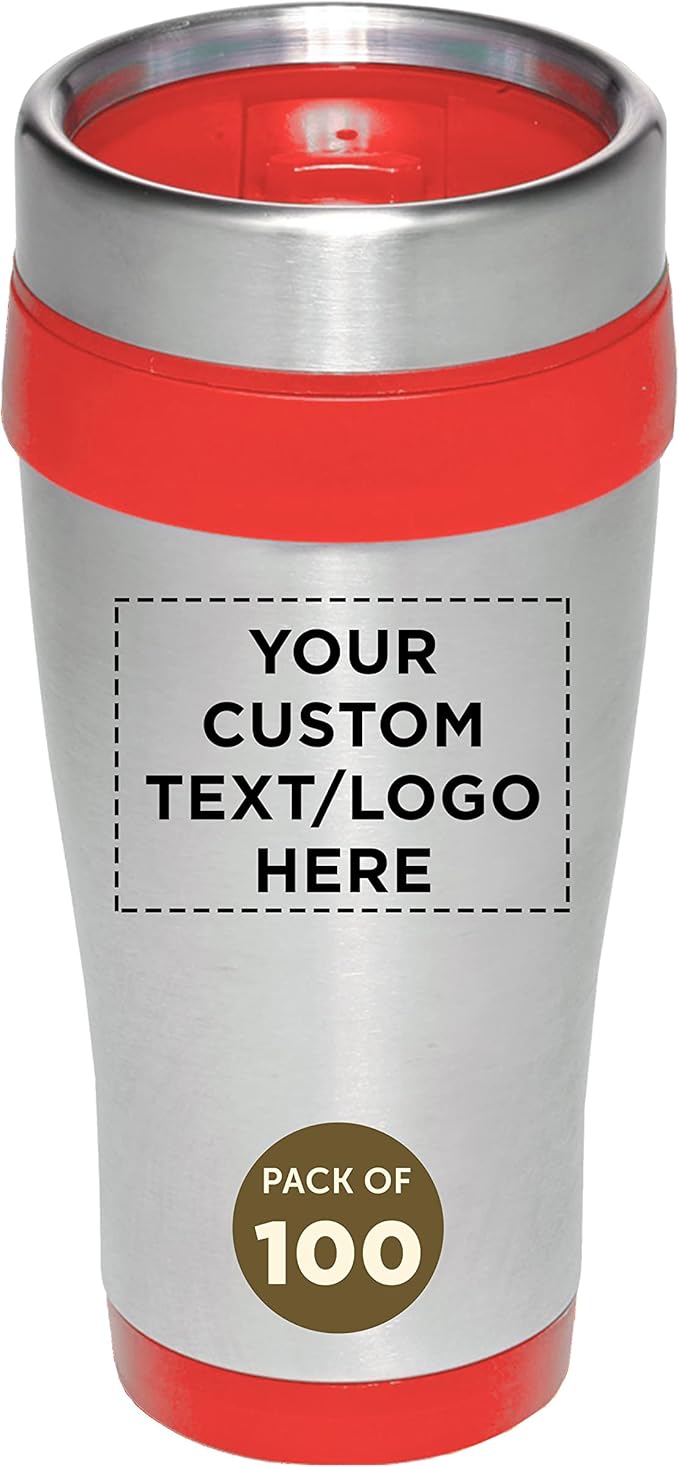 Custom Insulated Stainless Steel Travel Mugs 16 oz. Set of 100, Personalized Bulk Pack - Perfect for Coffee, Soda, Other Hot & Cold Beverages - Red