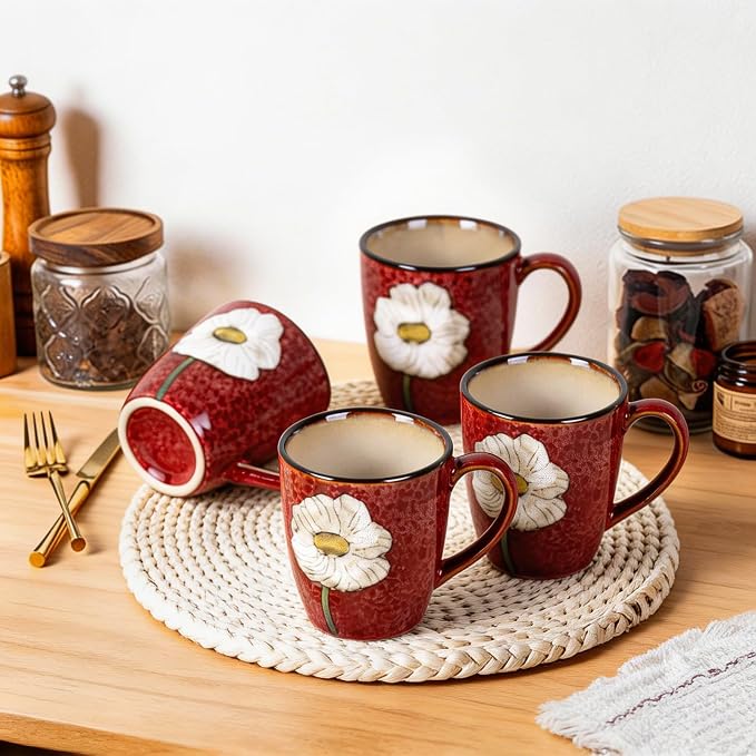 12oz Coffee Mugs Set of 4, Hand-Painted Floral Stoneware Cups with Handle, Dishwasher Microwave Oven Safe, Cappuccino Mugs for Latte, Tea, Espresso & Hot Cocoa, for Home Kitchen & Cafe, Red - Image 2