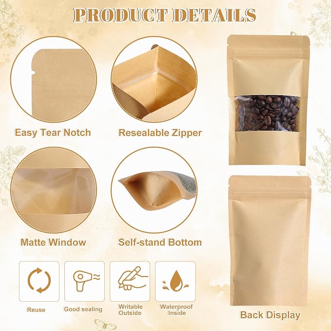 100 Pcs Kraft Stand Up Pouches With Window, Resealable, 4 x 6 In | Cpp-Lined Paper, Heat Sealable, Moisture Resistant, Tear Notch, Clear Window, Snack And Bakery Packaging - Image 3